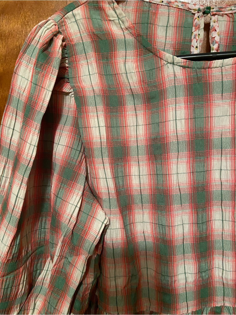 NWT Umgee Green/Pink Plaid Crinkle Babydoll Top - Picture 2 of 7